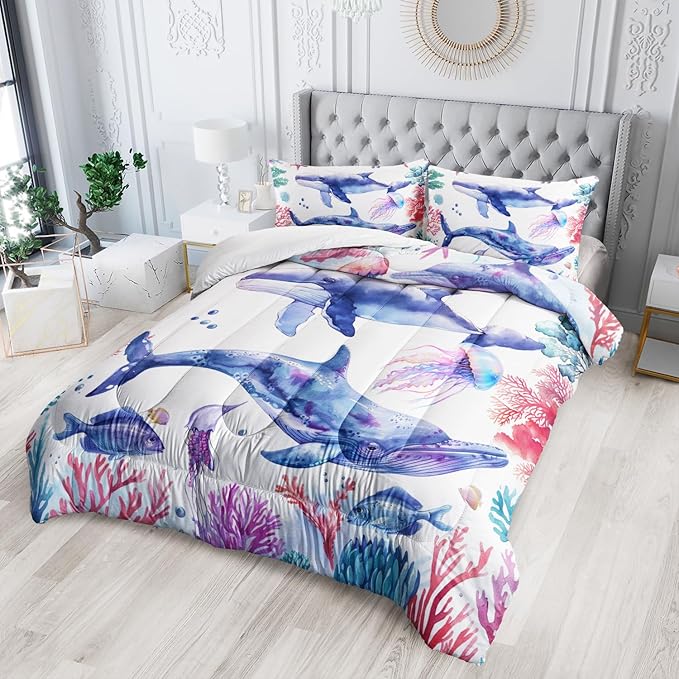 Whale Jellyfish Shark Bedding Dolphin Coral Comforter 3Pcs Queen Underwater Fish Starfish Quilt Set for Kids Teens Girls Boys Clownfish Seaweed Bed Decor Set with 1 Comforter and 2 Pillowcases