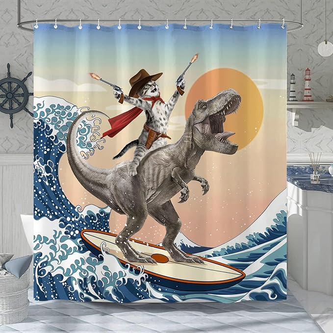 Yeoiat Funny Cat Shower Curtain Cool Cat Riding Dinosaur Surfing in Ocean Wave, Cute Shower Curtain Set 12 Hooks for Bathroom Decor, (Blue, 72"x72")