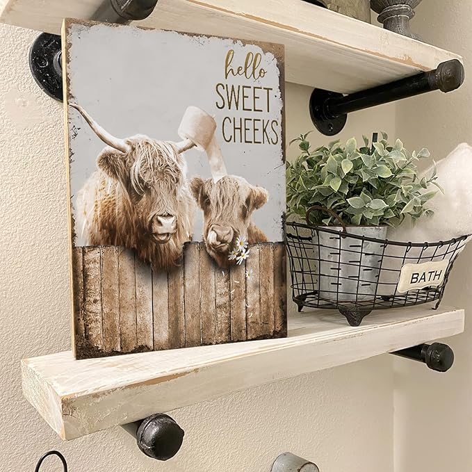 Bathroom Decor Canvas Wall Art Highland Cow Pictures Wall Decor Farmhouse Bathroom Cow Painting for Bathroom Toilet Country Cattle Prints Artwork Framed 16"x20"