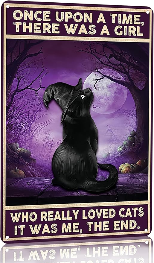 Women Girls Gift Funny Halloween Witch Cat Sign Cat Lovers Once Upon A Time I Pick Up A Black Cat Tin Sign Wall Art for Home Living Room Bedroom Decor 8 x 12 Inches (3139)