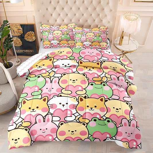 BSNTHO Cute Animal Comforter Set for Girls Kids Full Size Reversible Kawaii Dog Cat Frog Rabbit Bear Bedding Cartoon Pet Kitten Puppy Toddler Bedroom Collection 3Pcs Super Soft Lightweight