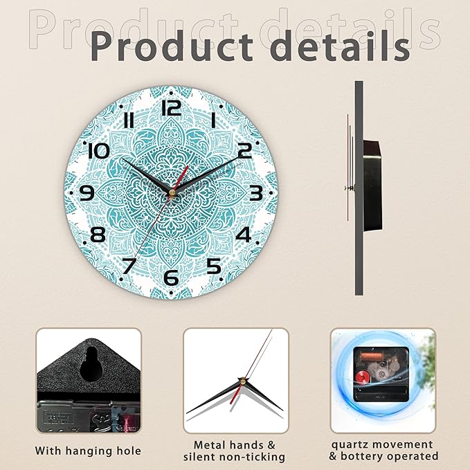 Teal Mandala Flower Wall Clock, Silent Non-Ticking, Battery Operated, Wooden Decorative Round Clock with Arabic Numerals, 10 Inch