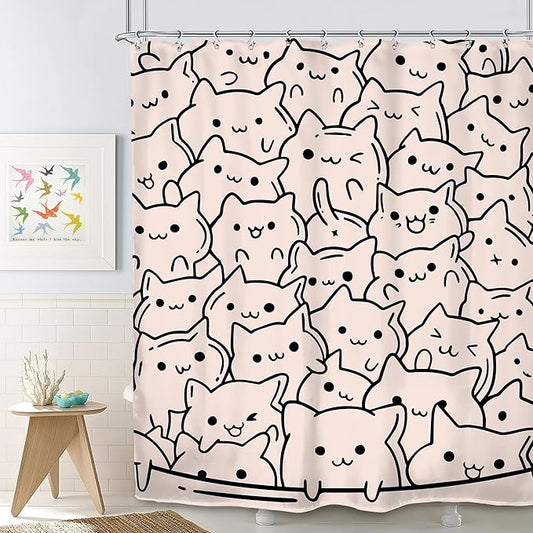 SVBright Funny Cats Shower Curtain 60Wx72L Inch Cute Pink Cartoon Kitty Kitten Animal Simple Line Humor for Kids Girls Lovely 12 Pack Hooks Polyester Waterproof Fabric Bathroom Bathtub Panels