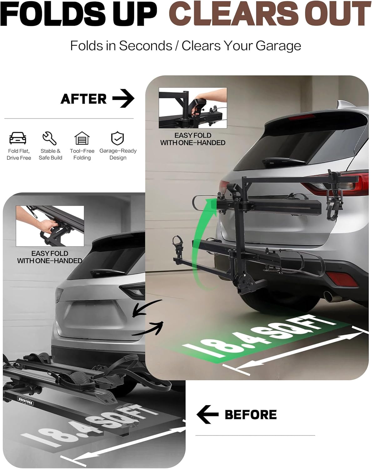 Rockland Foldable 2-Ebike Rack, 200 lbs Capacity, Hitch Mount Electric Bike Rack, Fits up to 5" Fat Tire Width and 50" Wheelbase, Ebike Carrier Rack for 2" Receiver for Cars SUVs Vans RVs