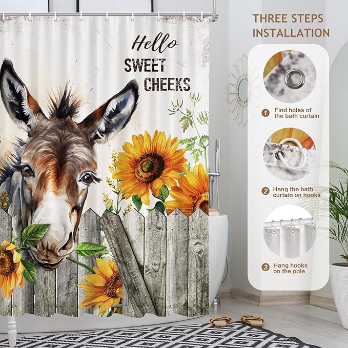 Vimorco Shower Curtain Funny Donkey, Cute Donkey Shower Curtains for Bathroom, Waterproof Quick-Dry Polyester Fabric Shower Curtain, Farmhouse Sunflower Bathroom Set, Bath Curtain Decor, 72''x 72''