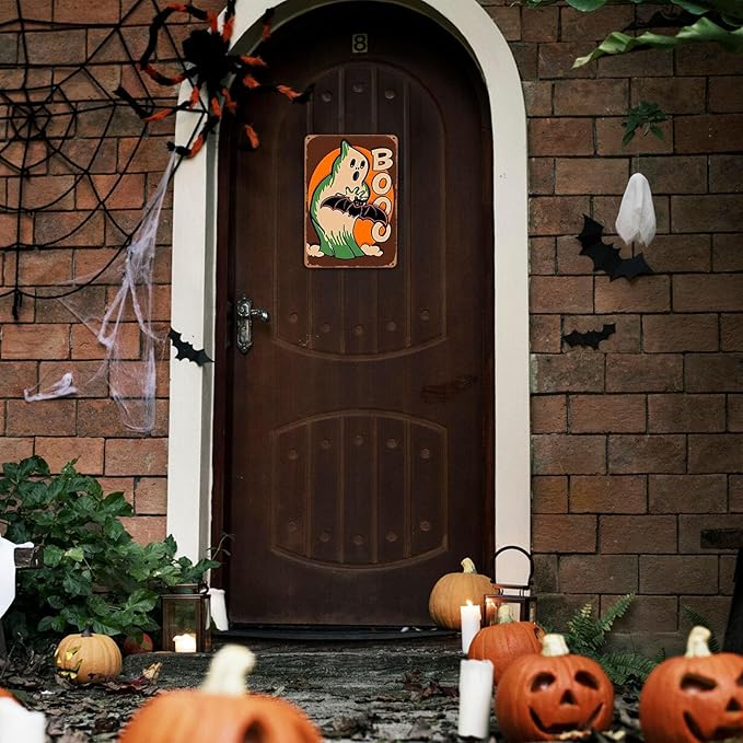 Vintage Decor Gift Halloween Ghost and Bat Boo Jack O Lantern Tin Sign for Home Bedroom Living Room Wall Decor 8 X 12 Inch (3132)