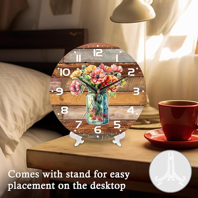 Wall Clock, 10 Inch Silent Non-Ticking Home Kitchen Decor, Battery Operated for Bathroom Bedroom Living Room Office(Flower Vase Wood)
