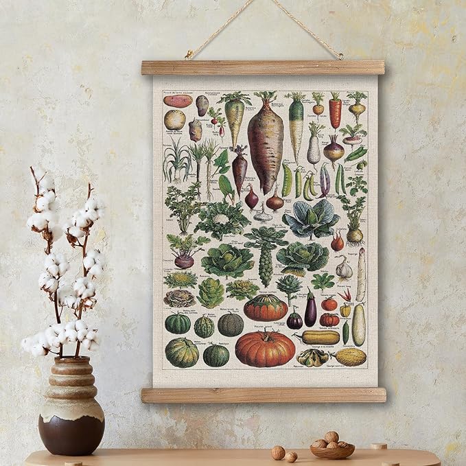 XIAOAIKA Vintage Vegetable Varieties Poster - Illustrated Garden Produce Chart with Wooden Frame - Educational Kitchen Wall Decor Art for Home Chefs and Gardeners 20 x 30 inches