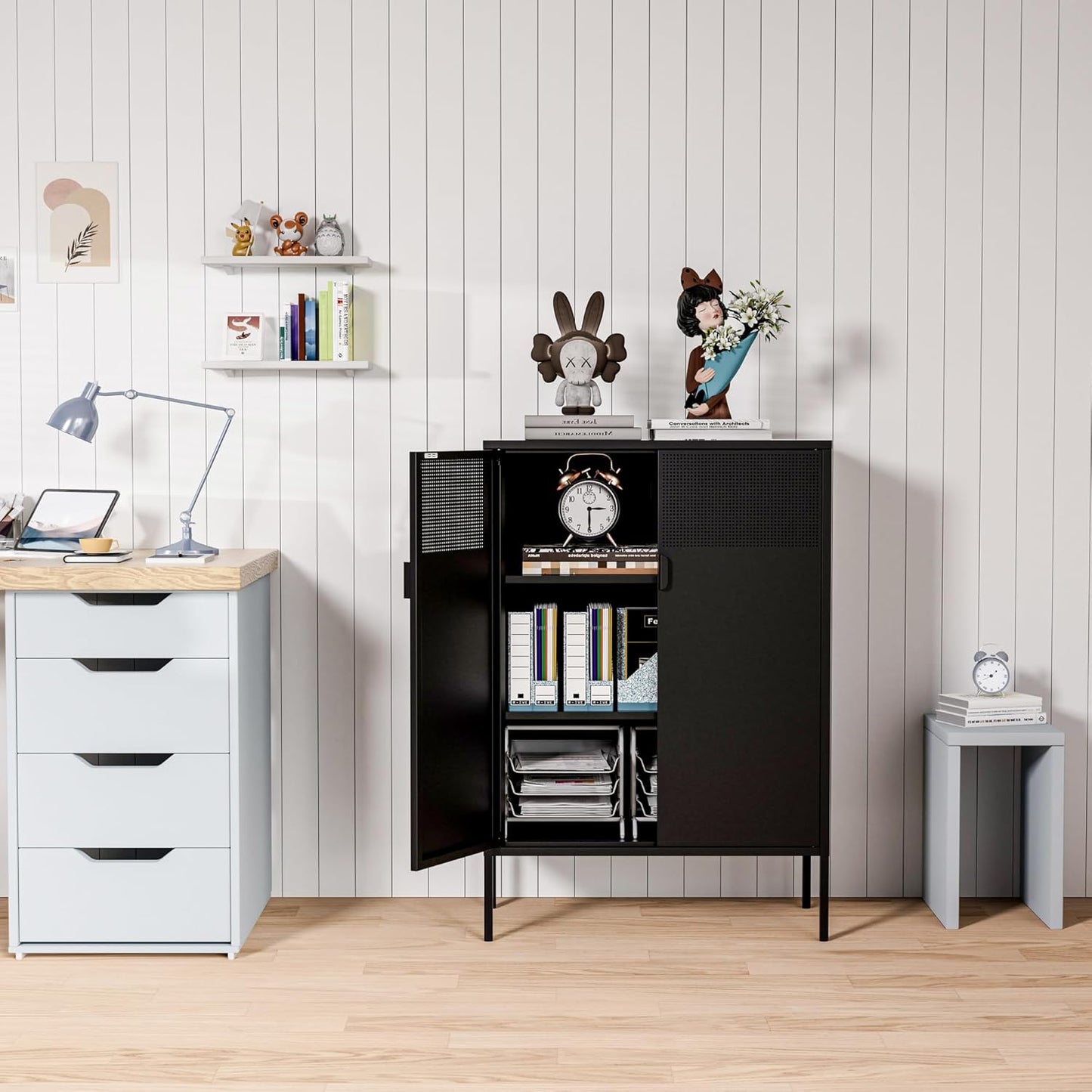 2 Mesh Door Metal Storage Cabinet with Adjustable Shelves, Multipurpose Black Storage Cabinet, 3-Tier Office Cabinet,Metal Storage Cabinet for Office Home,Hallway(Black, 47''H)