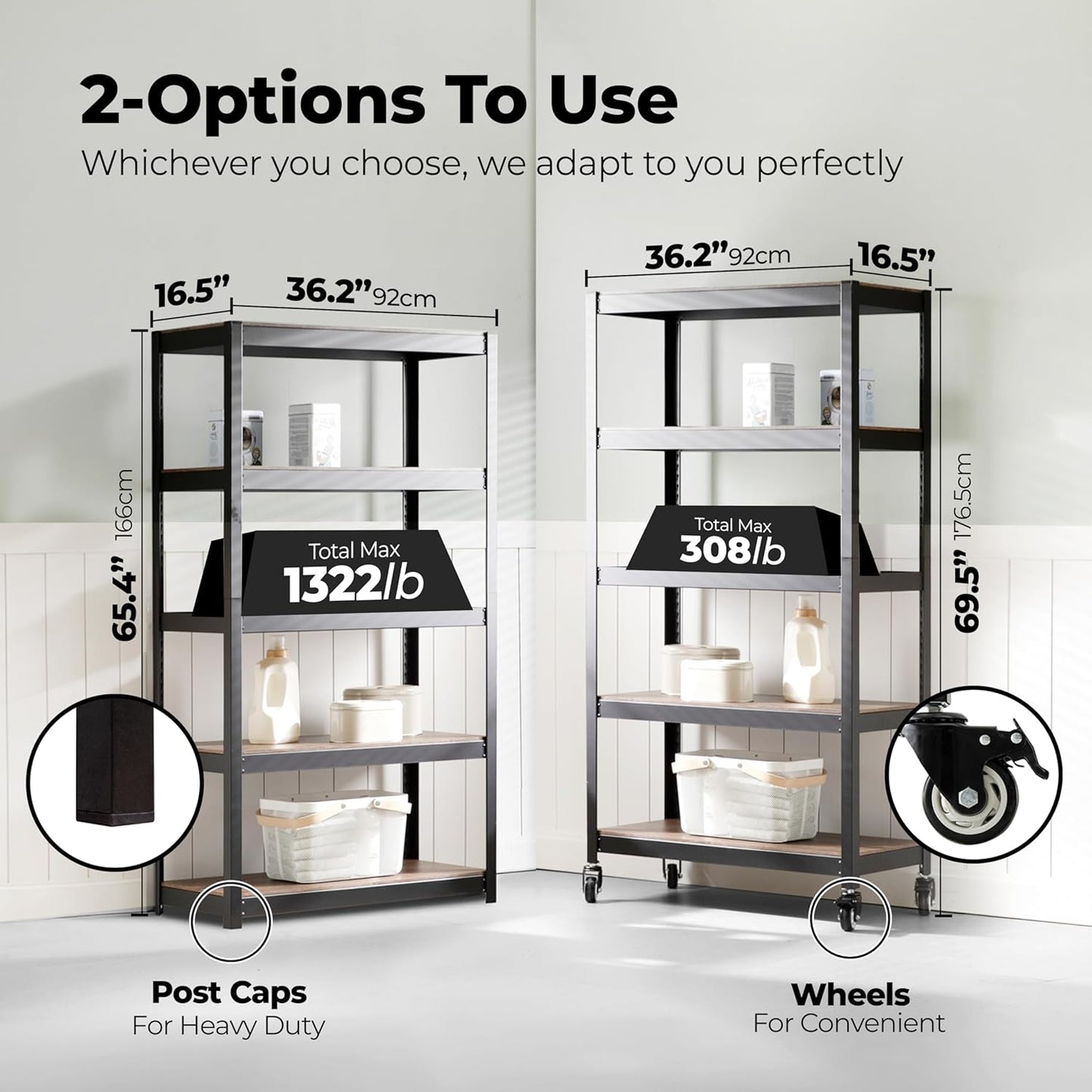 HOMEDANT House 5-Tier Metal Rolling Cart Shelf Rack Casters Heavy Duty Laminated Wheel Shelving Unit Adjustable Utility Storage Shelves Organizer Shelf Kitchen Garage 36.2" W x 16.5" D x 69.5" H 1Pack