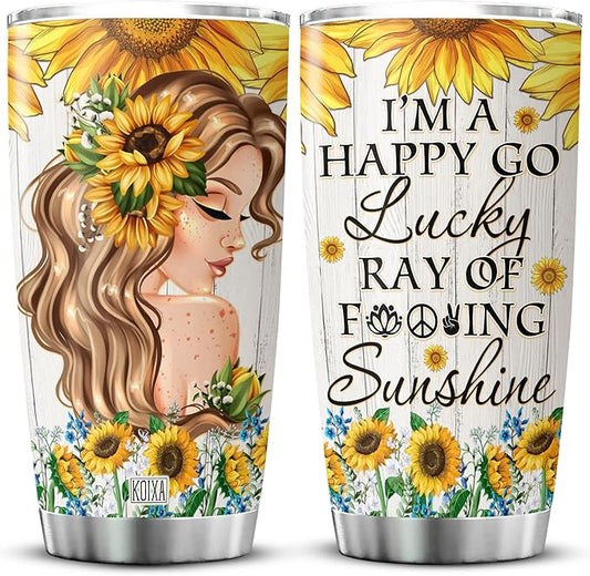 Sunflower Girl Tumbler With Lid 20oz Im A Happy Go Lucky Ray Of Sunshine Vintage Sunflowers Flowers Stainless Steel Coffee Cup Sunflower Things For Teen Girls Insulated Mug