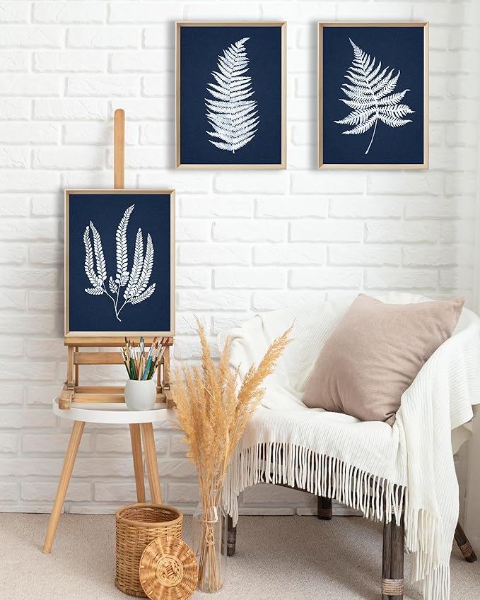 UPWOIGH Wood Framed Wall Art, Minimalist 12x16in Botanical Wall Decor, Fern Plants Framed Prints, White Leafs Tropical Plants,Blue Naval Background High-Frame Process,Bedroom,Set of 3