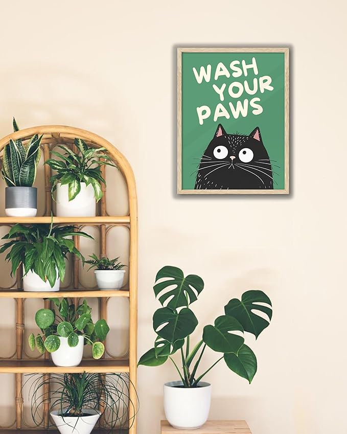 UPWOIGH Beige OAK Framed Wall Art Decor, Black Cat WASH YOUR PAWS Funny Wall Art, Waterproof Wood Framed Canvas Wall Art Animals Abstract Prints, 12"x16"High-end Pictures for Bedroom Bathroom 1 Pack