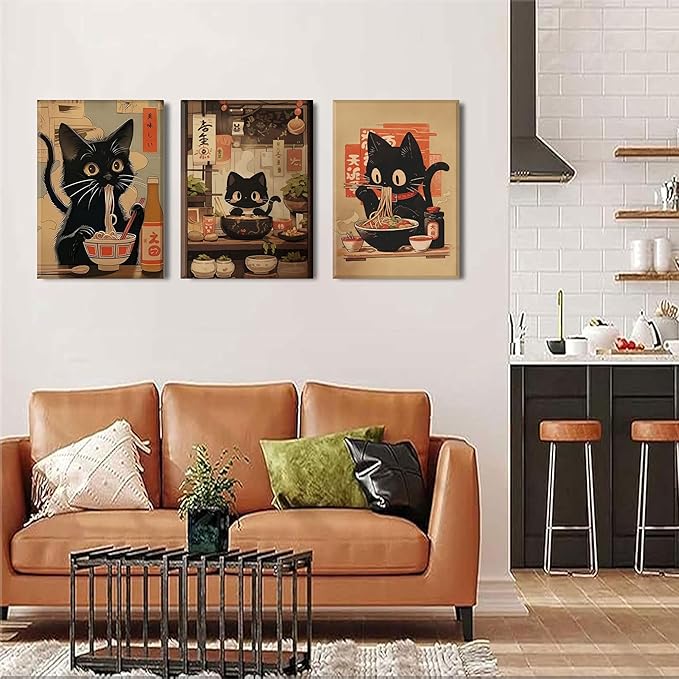 3Pcs Framed Japanese Funny Black Cat Canvas Wall Art Vintage Cat Eating Ramen Posters Prints Edo Period Ramen Cat Pictures Unique Kitchen Painting Dining Wall Decor Animal Lover Gift 12x16in