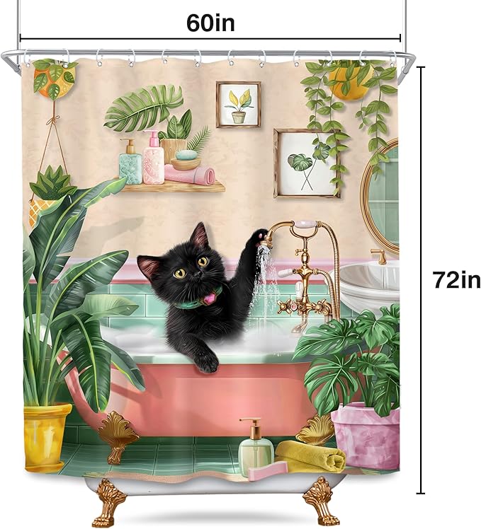 SVBright Pink Cat Shower Curtain 60Wx72L Inch Kids Black Cat Lover in Bathtub Kitten Cute Cartoon Animal Lovrely Vintage Pet Girl 12 Pack Hooks Polyester Waterproof Fabric Bathroom Bathtub Panels