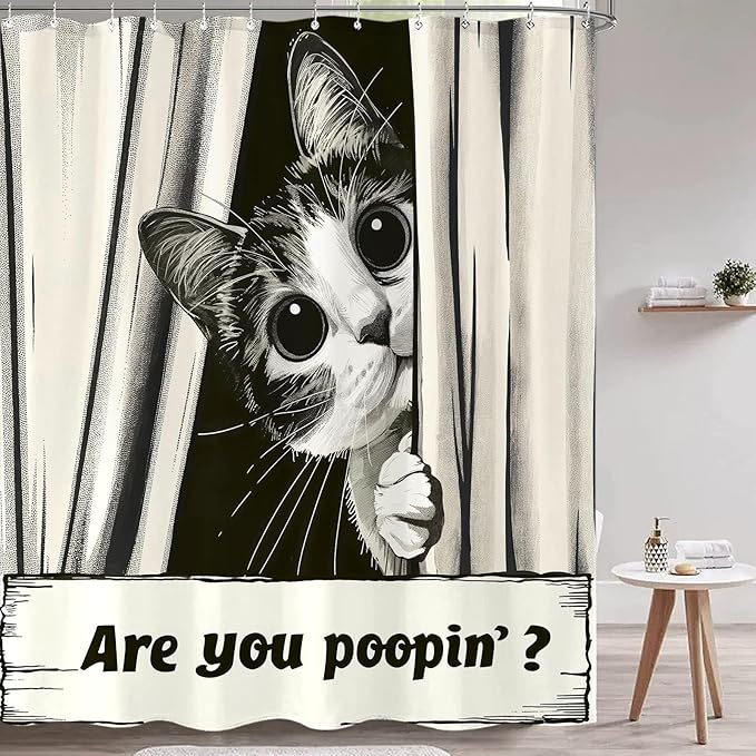 Yeoiat Funny Cat Shower Curtain, are You Poopin' Curious Kitty Whimsical Joke Humor Themed, Shower Curtain Set with 12 Hooks for Bathroom Decor (Black, 72"x72")