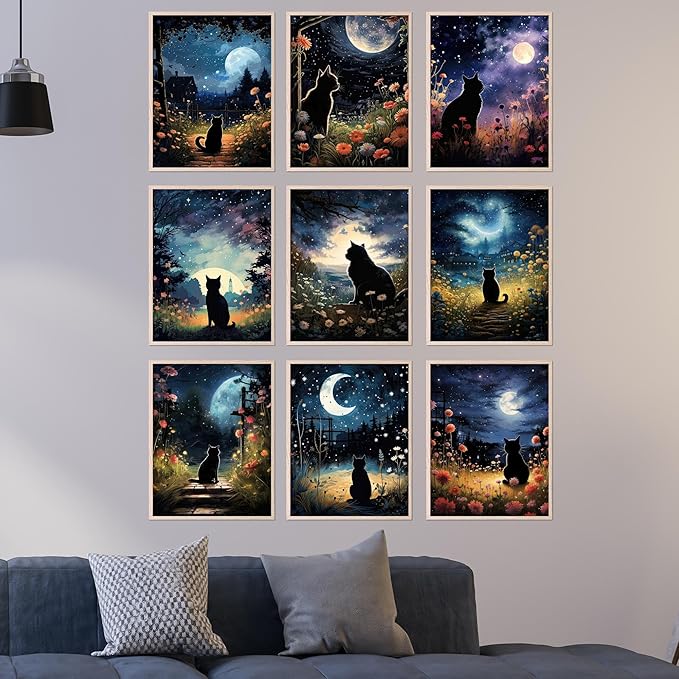 BigWig Prints Black Cat Wall Art - Starry Night Cat Posters, Space-Themed Artwork for Bedroom or Living Room, Cute Pet Pictures for Home Decor - Unframed Set of 9 (8x10)