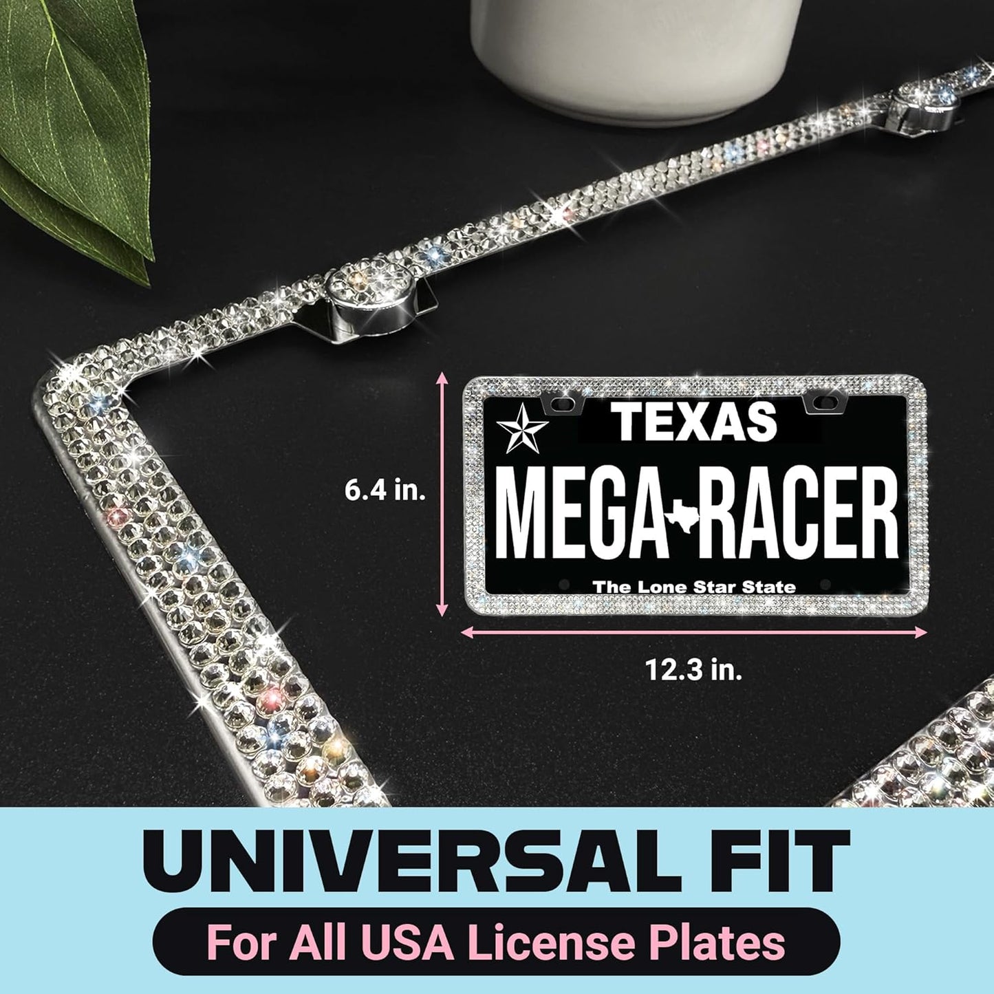 Dazzling Bling License Plate Frames for Women - 2 Pack, 1600 Premium Rhinestones, Rust-Free Stainless Steel, Street Legal Slim Design, Sparkly Diamond Car Tag Holders with Glitter Crystal Screw Covers