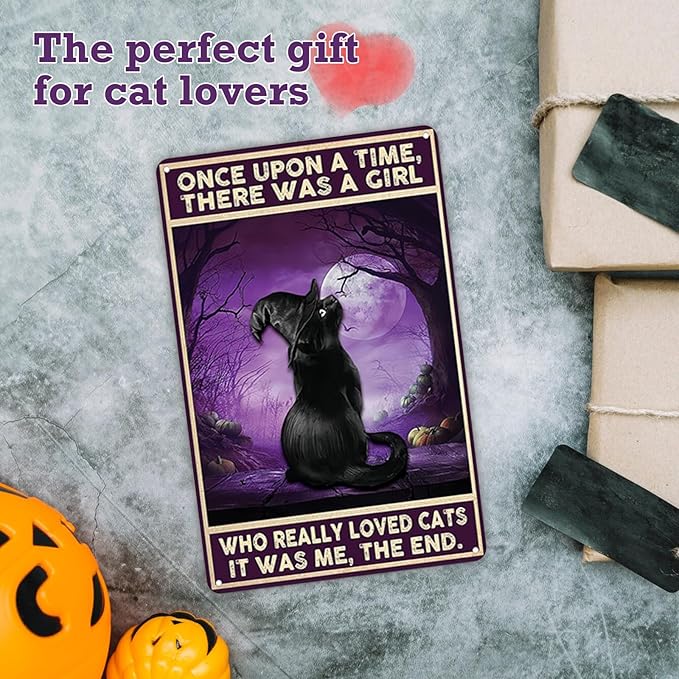 Women Girls Gift Funny Halloween Witch Cat Sign Cat Lovers Once Upon A Time I Pick Up A Black Cat Tin Sign Wall Art for Home Living Room Bedroom Decor 8 x 12 Inches (3139)