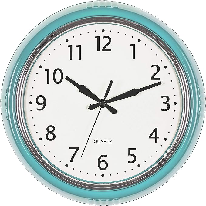 Bernhard Products Retro Wall Clock 9.5 Inch Blue Kitchen 50's Vintage Design Round Silent Non Ticking Battery Operated Quality Quartz Clock (Robin Egg Blue)