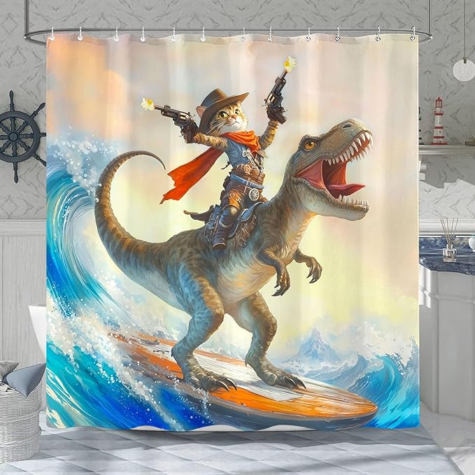Yeoiat Cowboy Cat Shower Curtain Funny Shower Curtain Dinosaur Shower Curtains for Bathroom Fun Shower Curtain Set with 12 Hooks Dinosaur03 72×72 Inches
