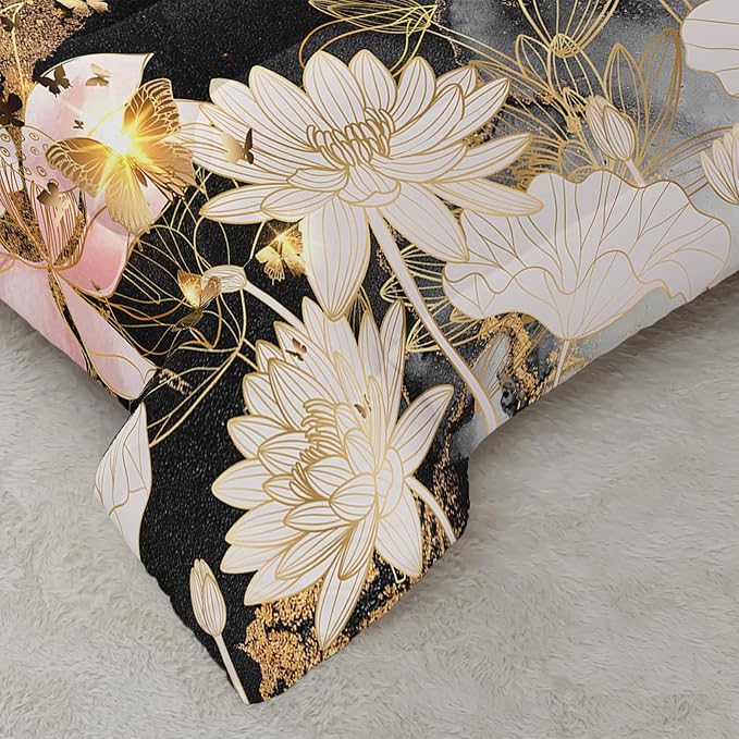 Butterfly Flowers Comforter Set Twin Lotus Floral Bedding Sets 3PCS for Kids Teen Adult Room Decor Ultra-Soft Lightweight Microfiber 1 Comforter with 2 Pillowcases