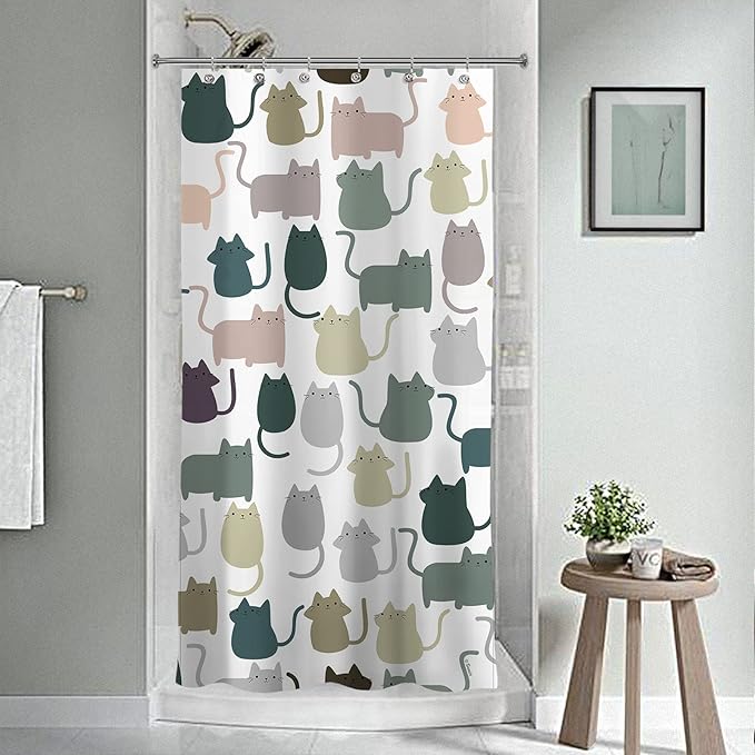 Sunlit Design 36 x 72 Inches Lovely Multicolor Cartoon Cats Fabric Small Stall Shower Curtain, Cute Cats RV Half Size Narrow Bathroom Decoration Curtains