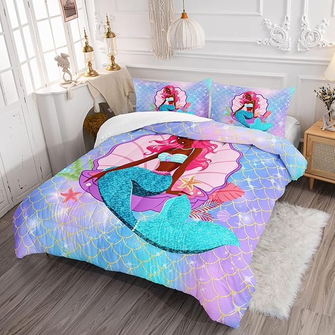 Bedding Comforter Set Black Girl Magic Mermaid Printed Pattern Quilt with 1 and 2 Pillowcases for Girls Bedroom All Season(Black Blue Queen) Queen 90x90inches