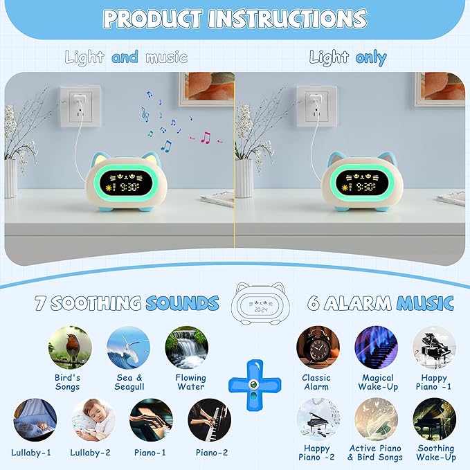 winshine Alarm Clock for Kids, Ok to Wake Clock, Toddler Sleep Training Clock with Eye Protection, 10 Night Lights, Dual Alarms, Child Lock, Snooze, Timer - Cute Cat Clock for Girls and Boys, Blue