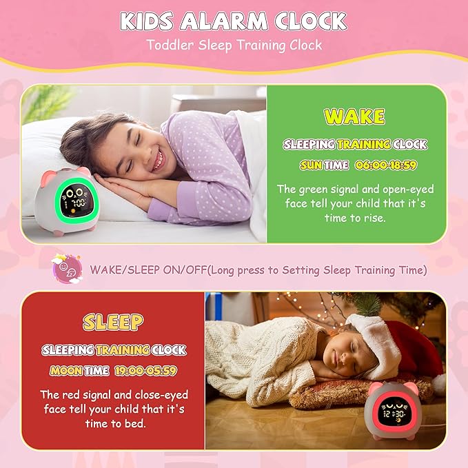 winshine Alarm Clock for Kids, OK to Wake Clock, Kids Alarm Clock with Night Light, Stay in Bed Clock Sleep Training, Nap Timer Cute Kids Room Decor, Gift Ideas for Kids Toddler Boy Girl (Pink)