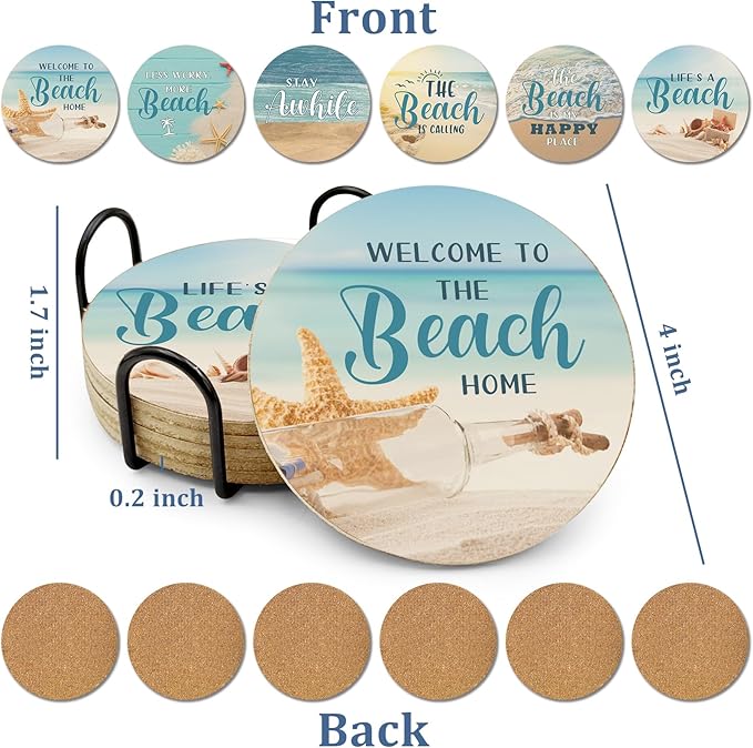 Beach Coastal & Ocean Sea Tropical Theme Cork Coasters for Drinks, Kitchen Decor and Gifts for Beach House and Home Beach Bar-Coasters for Wooden Table-Set of 6 with Holder
