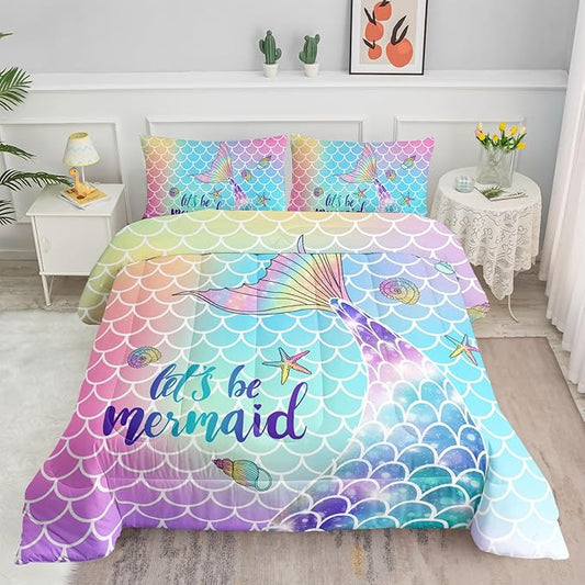 Bedding Comforter Set Rainbow Scales Mermaid Printed Pattern Bedding Set with 1 Comforter and 2 Pillowcases for Girls Bedroom All Season(Rainbow Scales Mermaid Twin), 68x86inches