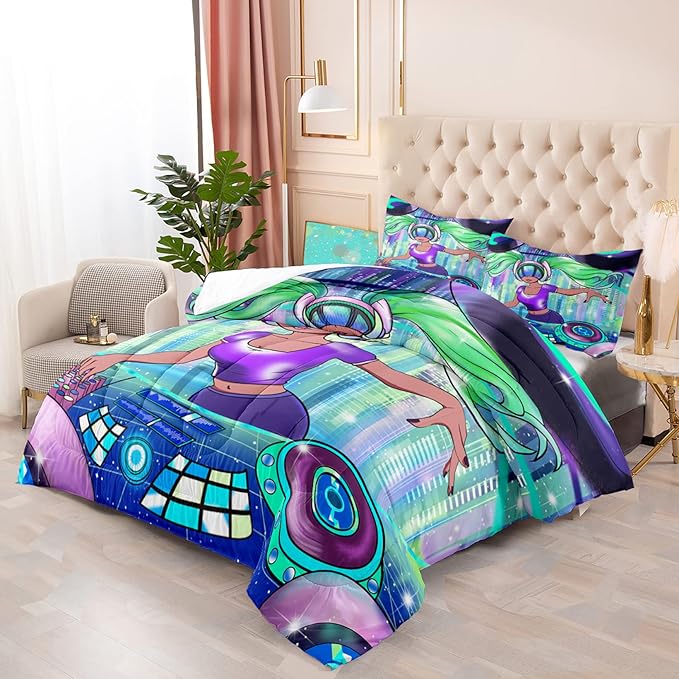 Black Girl Magic Comforter Set Queen Size, African American DJ Girl Pattern Soft Microfiber 3 Piece Quilt Set with 2 Pillowcases Queen Size Comforter Set Gifts for Black Women Girls