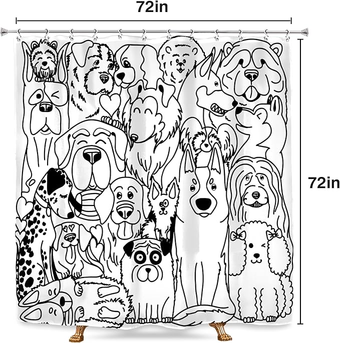 SVBright Funny Cute Dog Shower Curtain 72Wx72L Inch Cartoon Black and White Lovely Animals Silhouette for Kids Kawaii Cool Hilarious 12 Pack Hooks Polyester Waterproof Fabric Bathroom Bathtub Panels