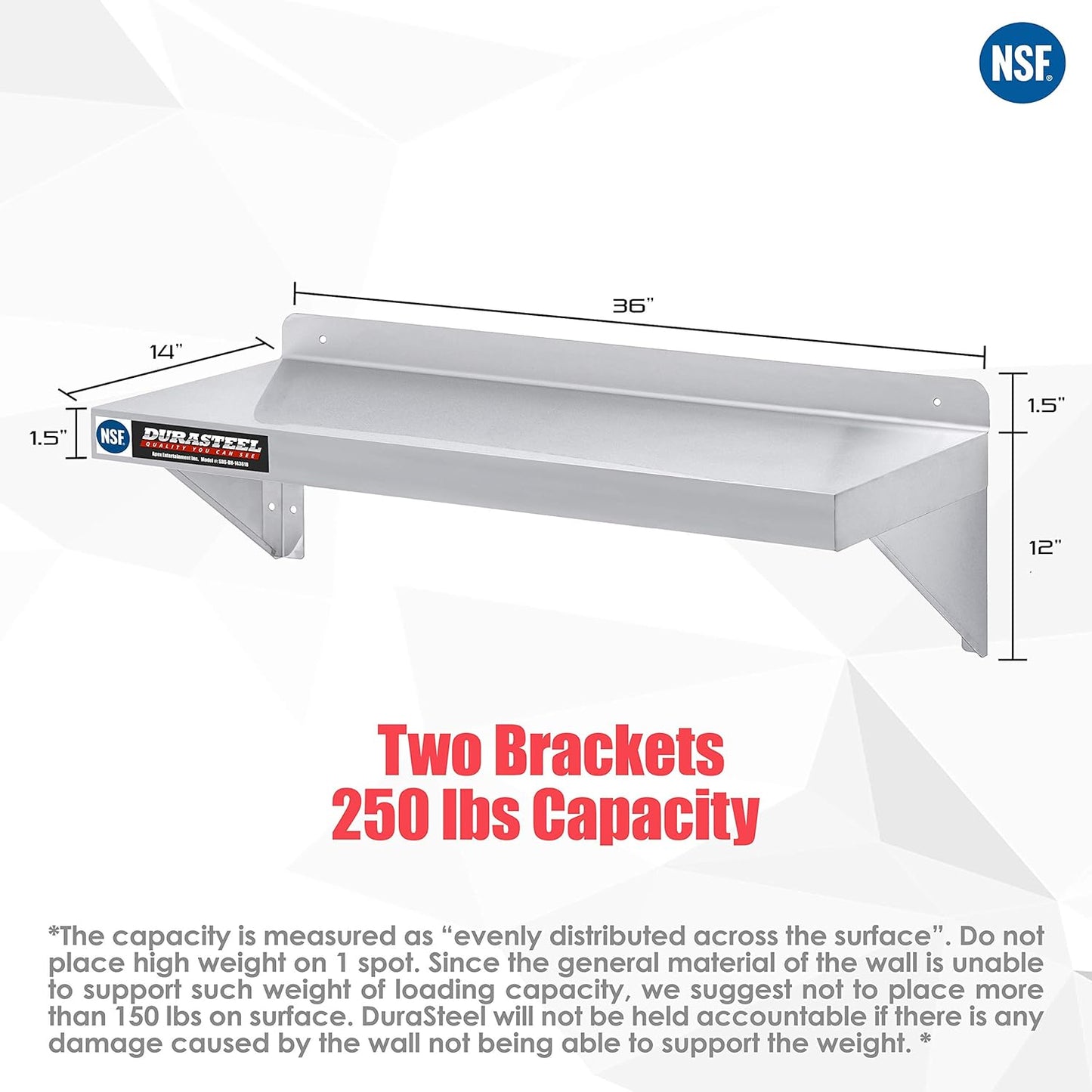 DuraSteel Heavy Duty Wall Mount Shelf - 36" Wide x 14" Deep Classic Stainless Steel Wall Floating Shelves - NSF Metal Storage Wall Shelves - For Commercial Kitchen, Laundry Room, Garage, Food Truck