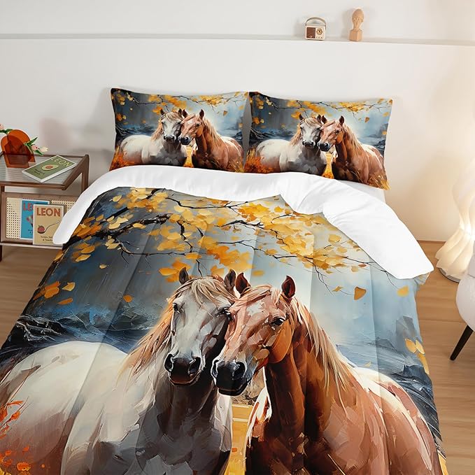 White Brown Horses Comforter Set Full Size,Watercolor Painting Autumn Leaves Bedding Set for Kids and Adults Bedroom Horse Decor,Natural Scenery Aesthetics Comforter Set with 2 Pillowcases.