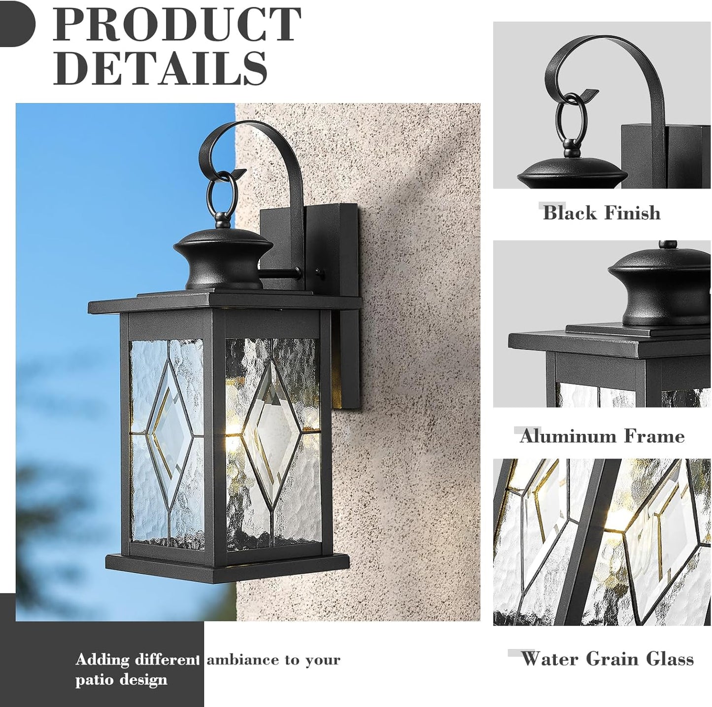 Emliviar Large Outdoor Wall Lantern 18 Inch, Black Front Porch Light with Water Grain Glass Shade, Outside Lights for House and Garage, 1810-BW2-SD