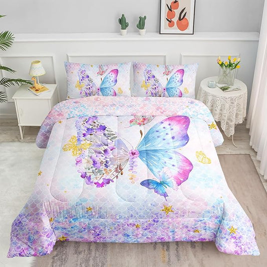 Butterfly Comforter Set Scales Butterfly Printed Quilt Bedding Set with 1 Comforter and 2 Pillowcases for Boys and Girls Bedroom All Season(Butterfly Scales Queen)