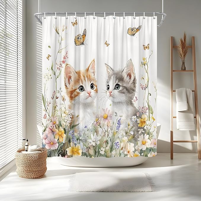 Butterfly and Kitten Floral Shower Curtain Cute Cat Spring Farmhouse Rustic Farm Animal Garden Cats Pet Lover Wildflower Bathroom Curtains Set Polyester Fabric with Hooks 80" W x 70" L