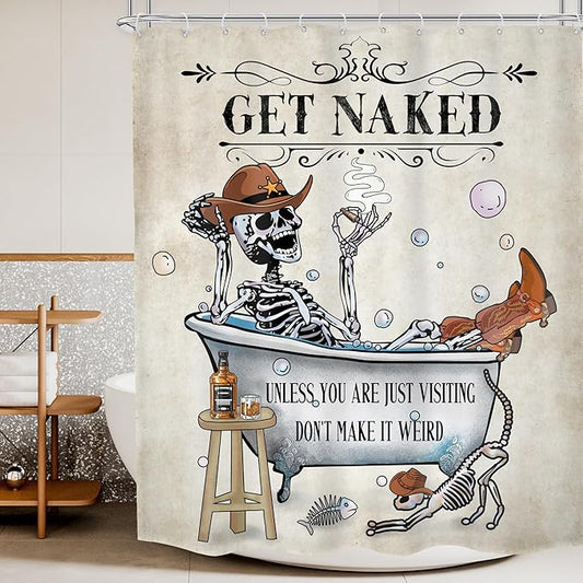 Western Cowboy Skull Skeleton Shower Curtain Funny Cool Texas Gothic Spooky Unique Mexican Bone in Bathtub Bubbles Retro Helloween Bathroom Decor Cat 60Wx72H Bath Curtain Polyester 12 Pack Hook