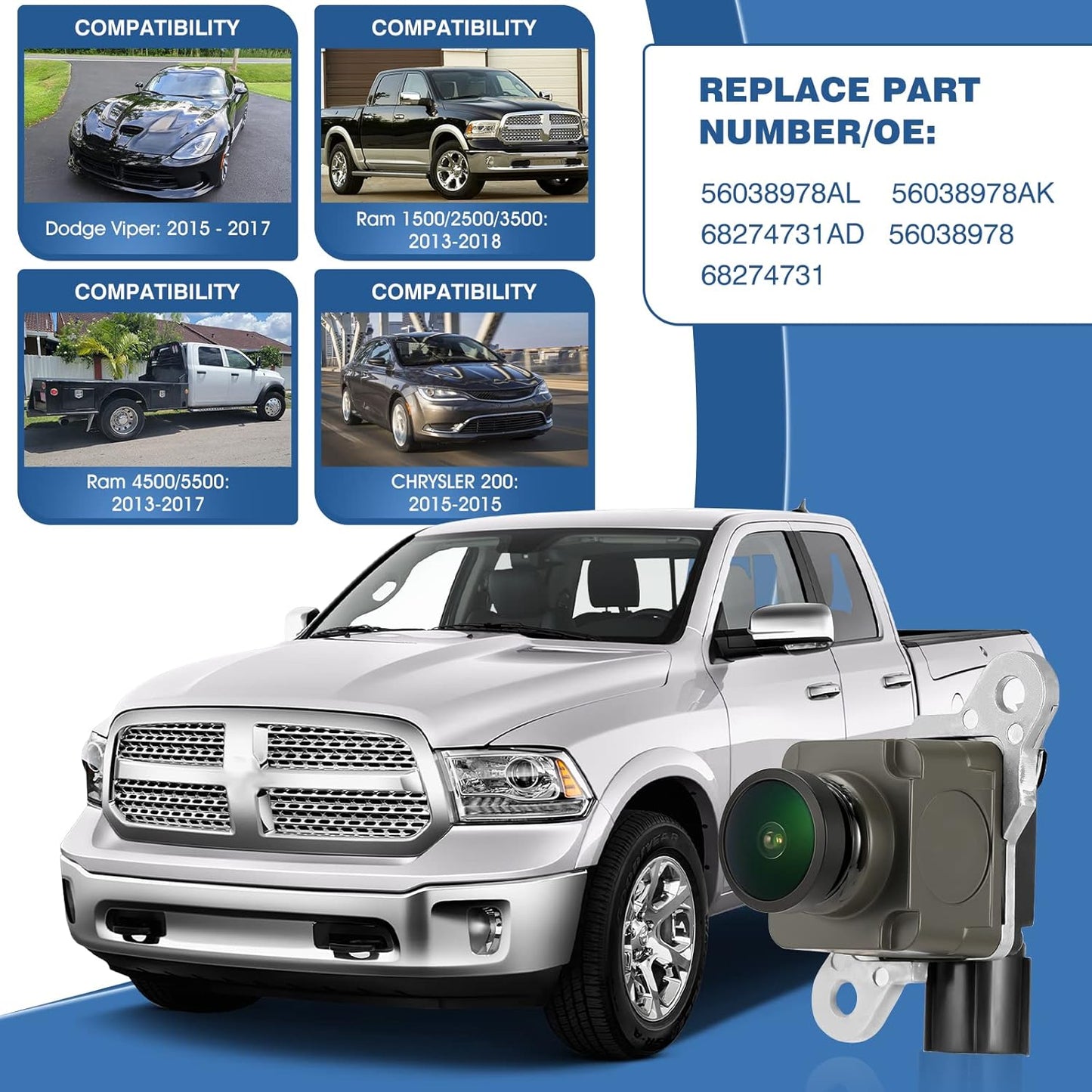 Rear View Backup Camera Compatible with RAM 1500 2500 3500 2013-2018 for Dodge Viper, for RAM 4500 5500 2013-2017, for Chrysler 200 Reversing Parking Assist Camera 56038978AL 56038978AK…