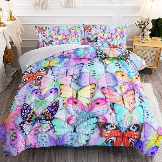 BSNTHO Blue Butterfly Comforter Set Watercolor Tie Dye Bedding Set Flying Butterflies Printed Duvet for Girls Queen 1 Comforter 2 Pillowcases for All Season