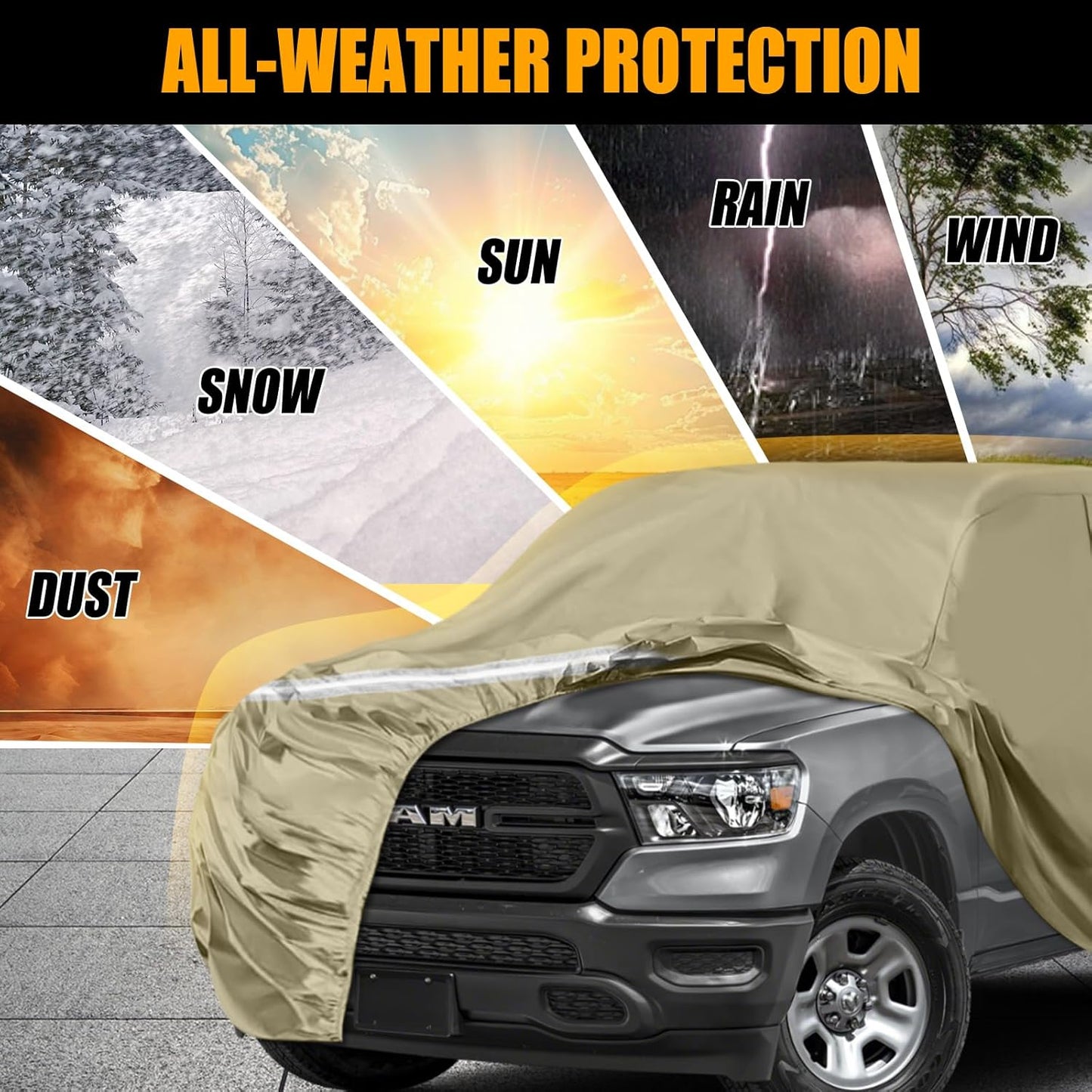 Waterproof Truck Covers Replace for Ford F150 / Dodge Ram 1500 CrewCab 5.5 ft, Multilayer Heavy Duty with Cotton Liner Car Cover with Zipper Door, Windproof Bands for Snow Rain Dust Protection