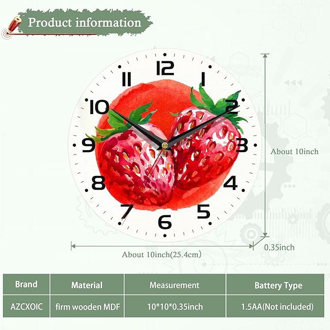 Wall Clocks,Red Strawberry 10 Inch Wall Clock,Summer Small Battery Operated Wall Clocks Decorative for Kitchen/Living Room/Bedroom/Bathroom/Dining Room
