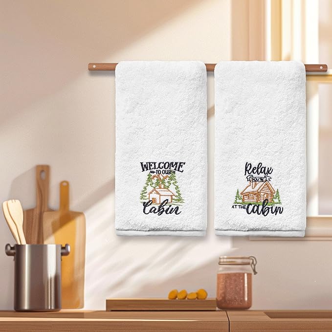 Cabin Hand Towels for Bathroom, Cabin Decor Embroidered Dish Towels, Log Cabin Decor Gifts Decorative New Home Bear Deer Tea Hand Towels, 100% Cotton Soft Towels for Kitchen 14x30 Inches