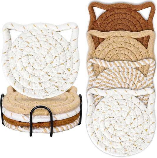 Whaline Cat Ear Coasters Set Brown White Handmade Braided Cotton Coasters Non-Slip Absorbent Drink Coasters with Holder for Table Protection Housewarming Gift Home Decor, 4Pcs