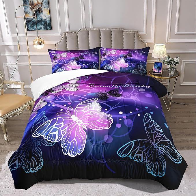 Butterfly Comforter for Girls Teen, 3D Printed Novel Bedding Set Queen Size, Cute Animals Pattern Purple Comforter Set Soft Breathable Microfiber Quilt for All Season 3Pcs with Pillowcases