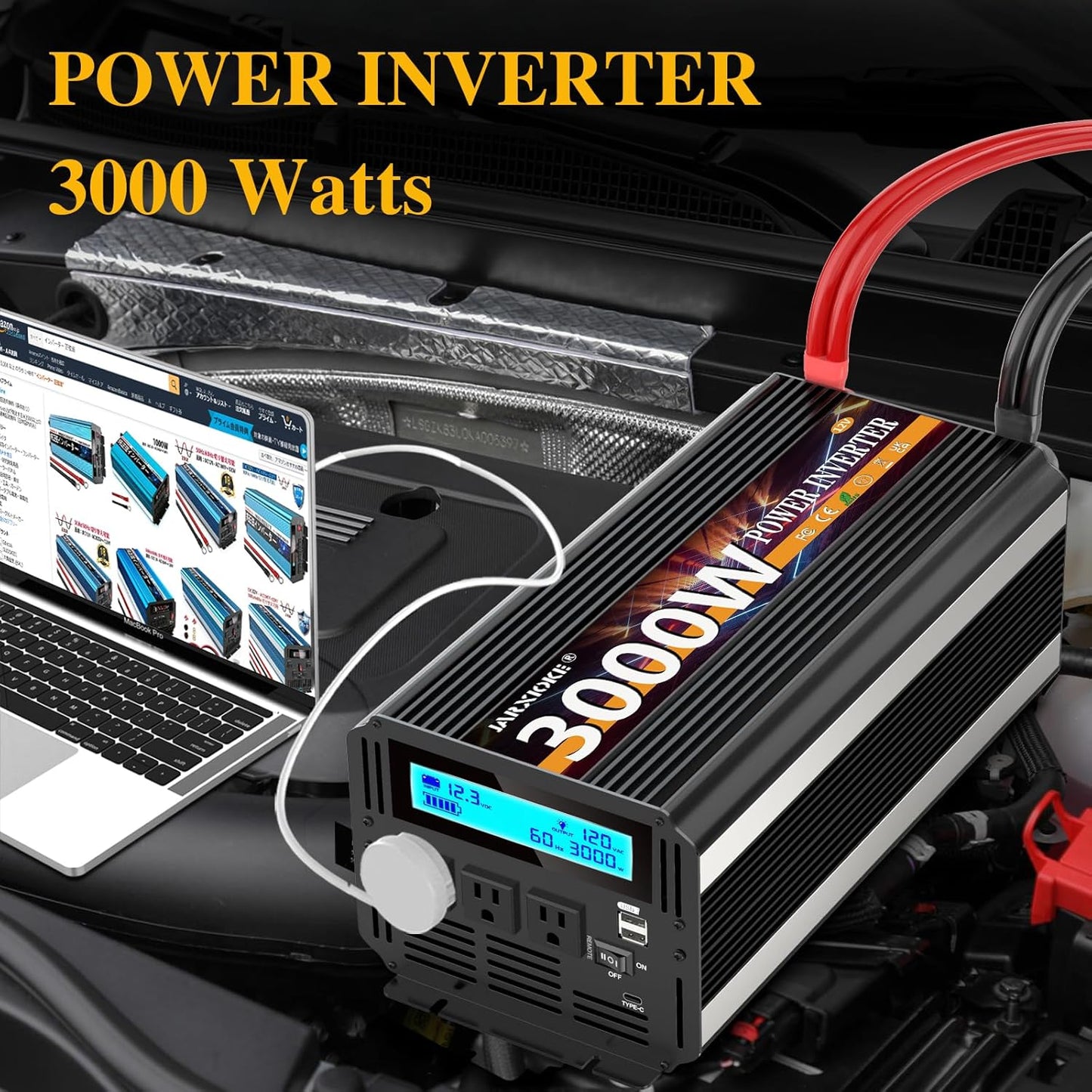 3000W Power Inverter 12V DC to AC 110V/120V (Peak) 6000W Converter 3 sockets car Inverter with Remote Control and LED Display 3.4A USB Port