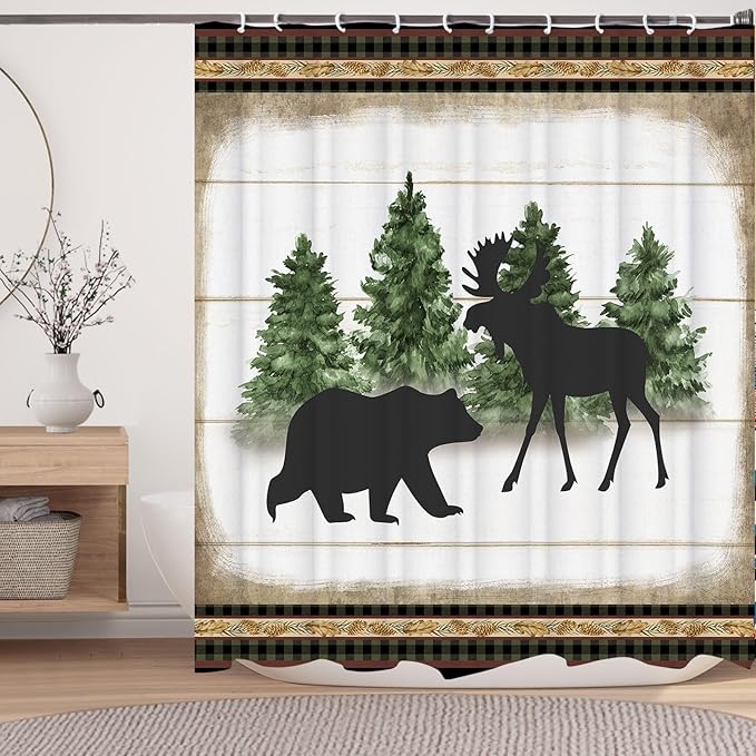 Cabin Bear Moose Farmhouse Shower Curtains,Christmas Tree with Cone Plaid Check Shower Curtain for Bathroom,Rustic Wildlife Animal Fabric Shower Curtain Set with Hooks Bath Decoration 72X78inches