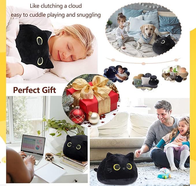 21.7" 3D Black Cat Plush Toy Pillow, Soft Kawaii Kitten Stuffed Animal Cushion